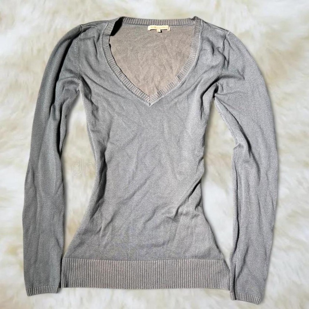 Sweet Romeo Grey V-Neck Knit Sweater Y2K Fitted Long Sleeve XS S